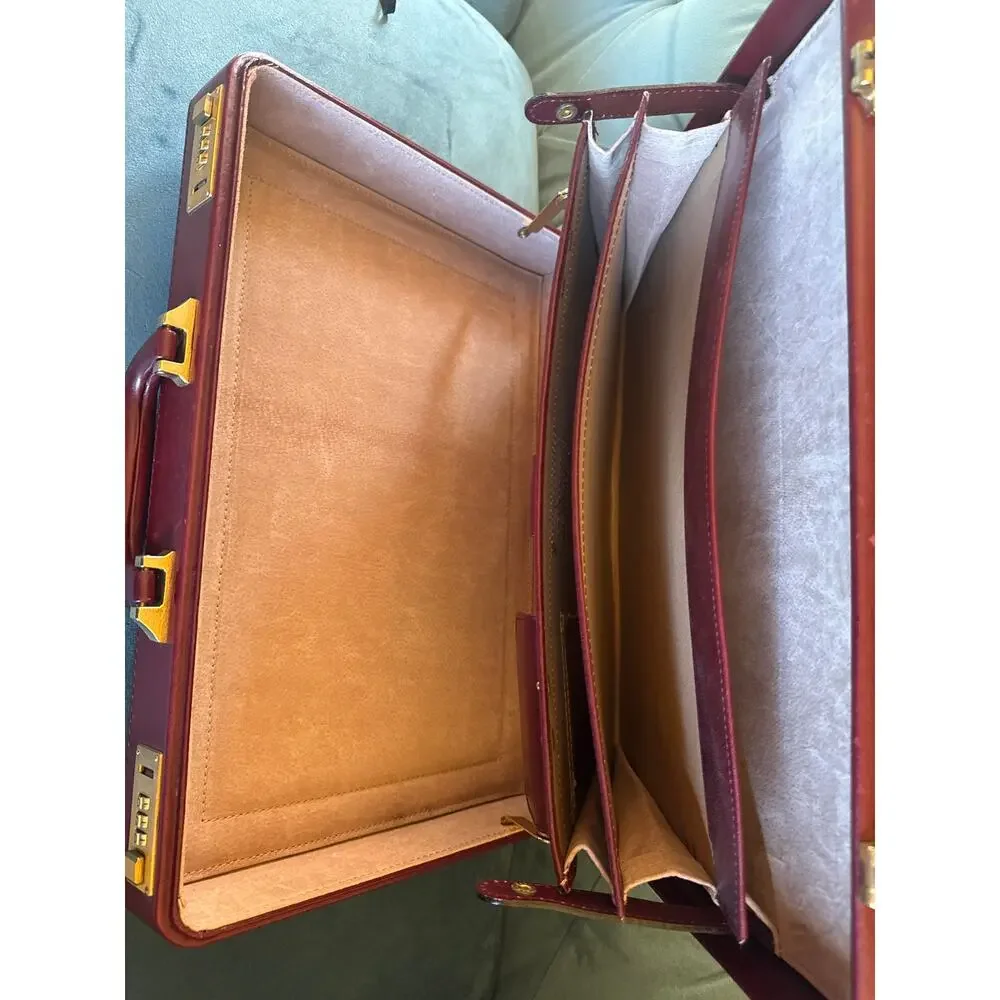 VTG attaché briefcase genuine leather brown burgundy gold tone locks hardware!